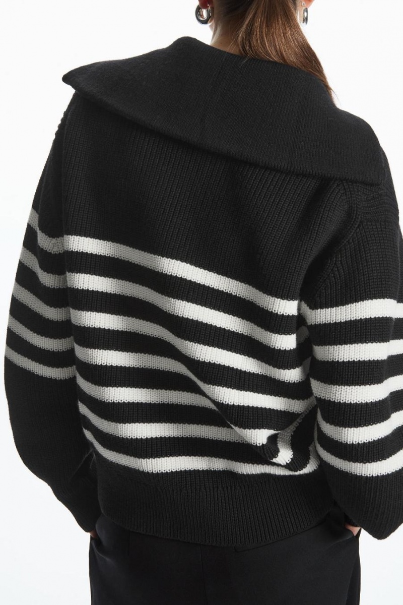 COS Gyapjú And Pamut Half-zip Jumpers Női Fekete Fehér | BJL-029158