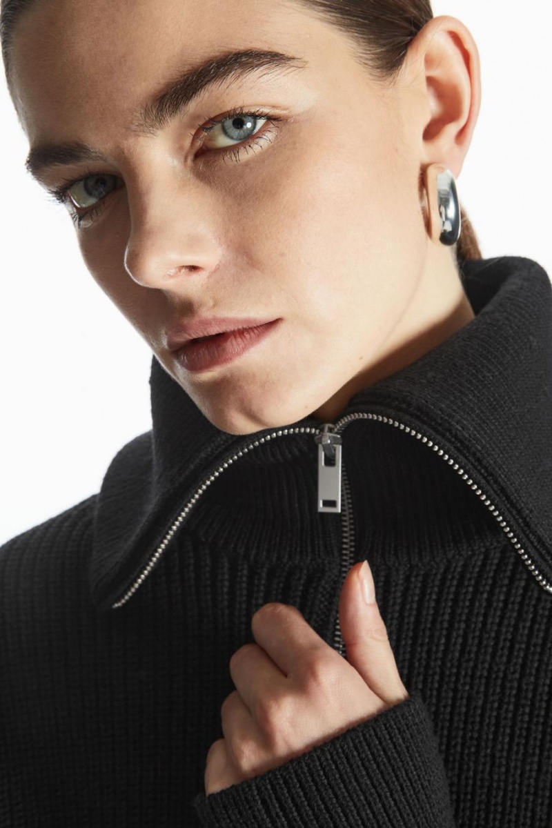 COS Gyapjú And Pamut Half-zip Jumpers Női Fekete Fehér | BJL-029158