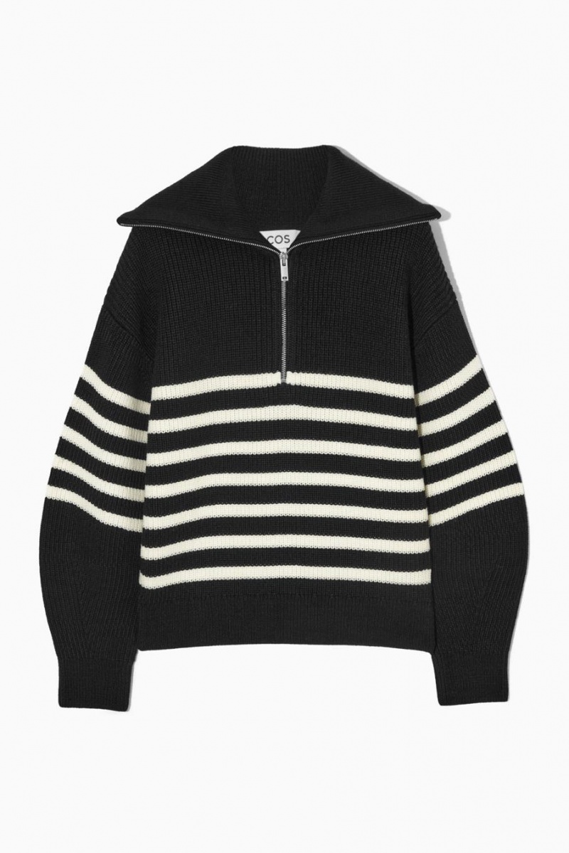 COS Gyapjú And Pamut Half-zip Jumpers Női Fekete Fehér | BJL-029158