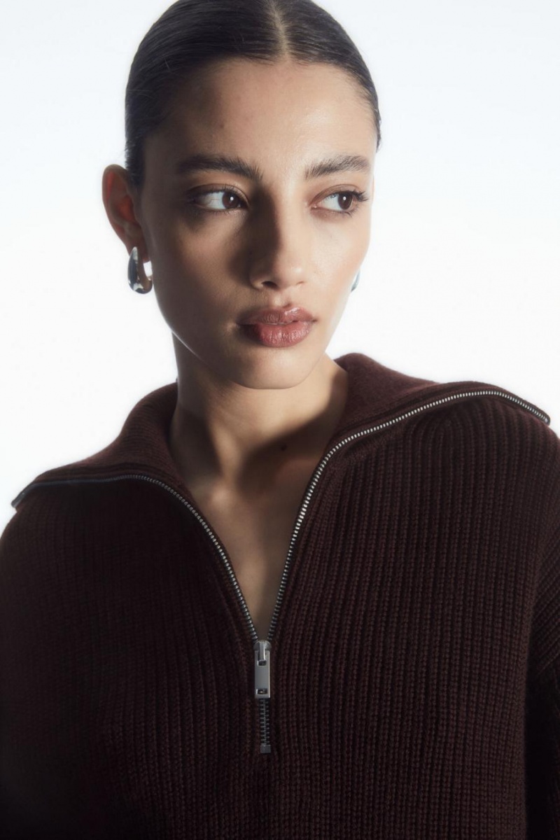 COS Gyapjú And Pamut Half-zip Jumpers Női Sötétbarna | DUS-219345