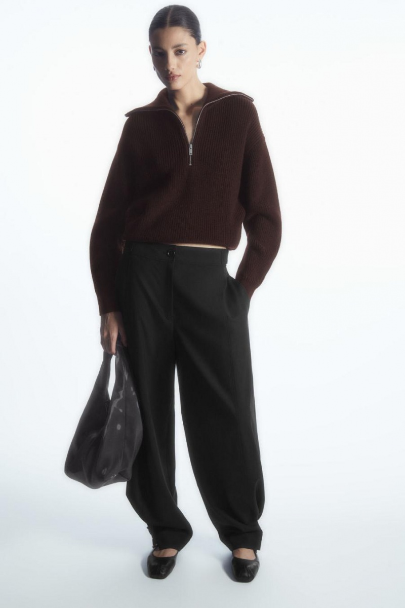 COS Gyapjú And Pamut Half-zip Jumpers Női Sötétbarna | DUS-219345