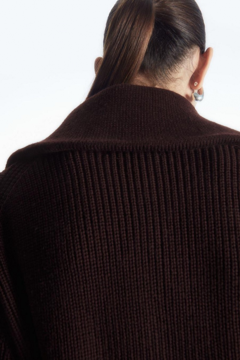 COS Gyapjú And Pamut Half-zip Jumpers Női Sötétbarna | DUS-219345