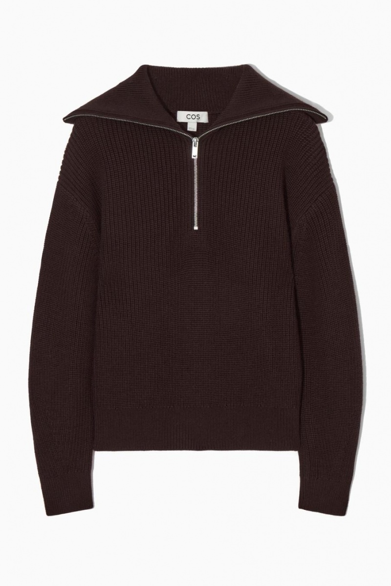COS Gyapjú And Pamut Half-zip Jumpers Női Sötétbarna | DUS-219345