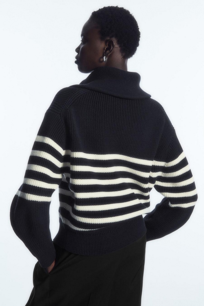 COS Gyapjú And Pamut Half-zip Jumpers Női Sötétkék Fehér | JBL-374126