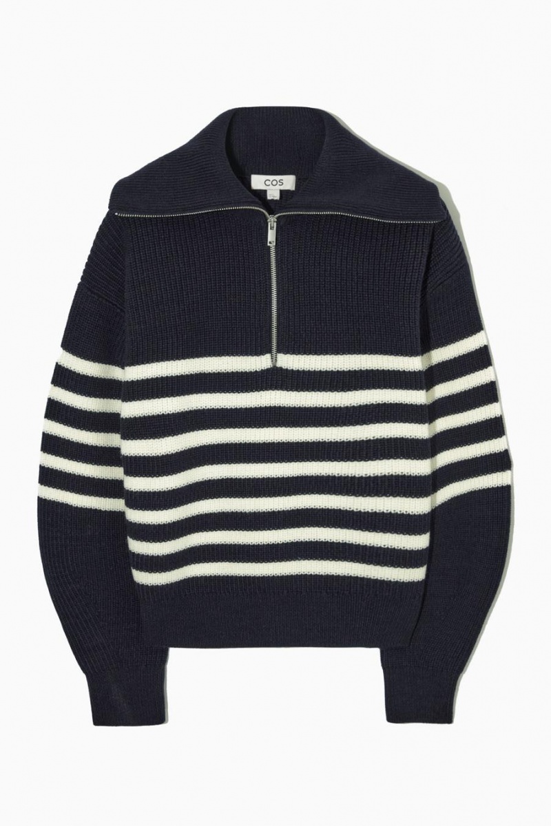 COS Gyapjú And Pamut Half-zip Jumpers Női Sötétkék Fehér | JBL-374126