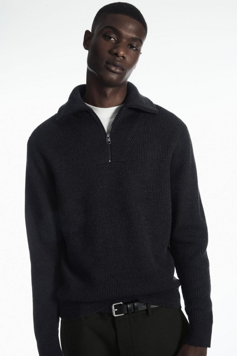 COS Gyapjú And Pamut-blend Half-zip Jumpers Férfi Sötétszürke | GLN-130874