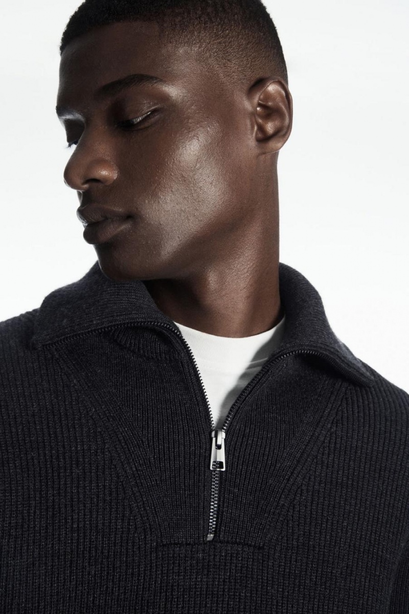 COS Gyapjú And Pamut-blend Half-zip Jumpers Férfi Sötétszürke | GLN-130874