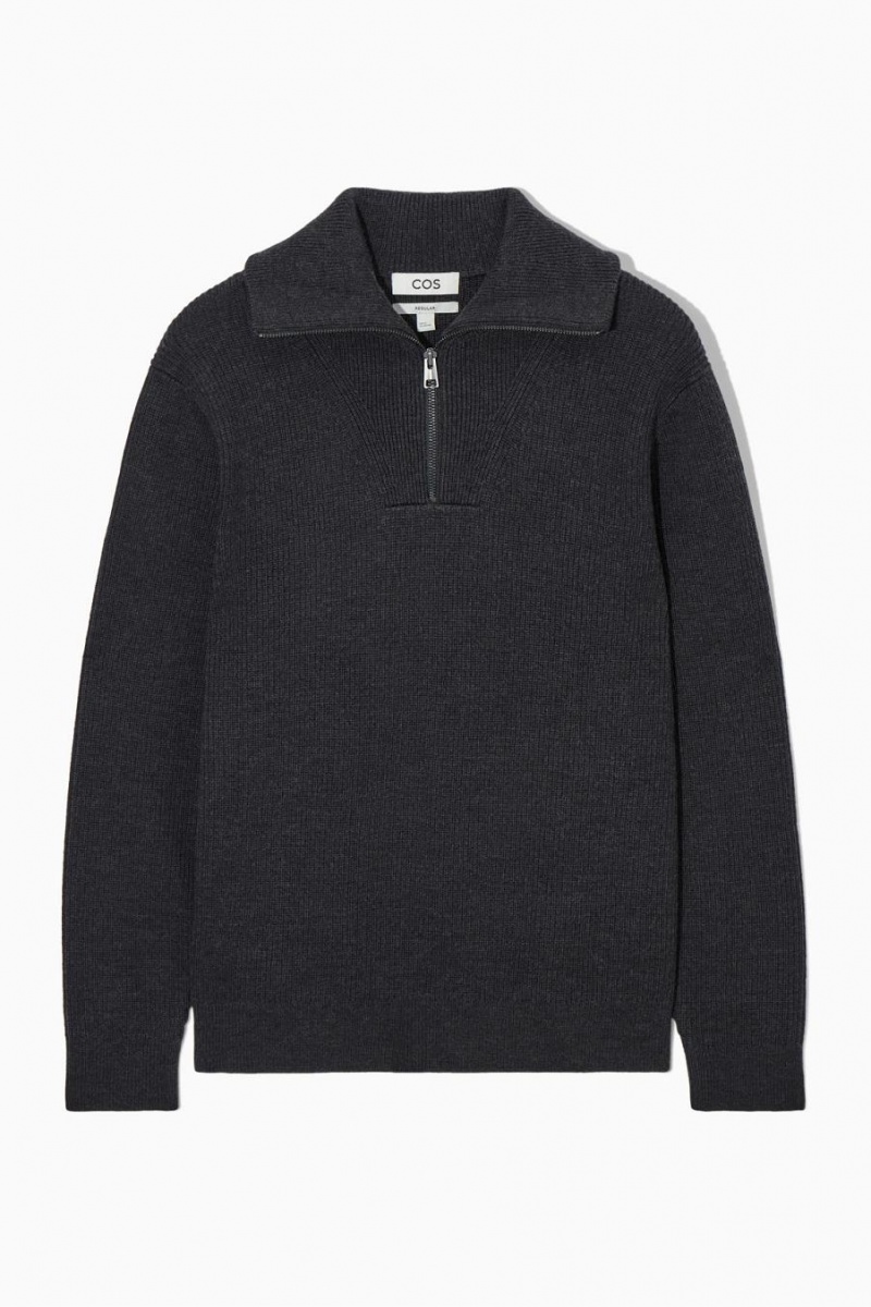 COS Gyapjú And Pamut-blend Half-zip Jumpers Férfi Sötétszürke | GLN-130874