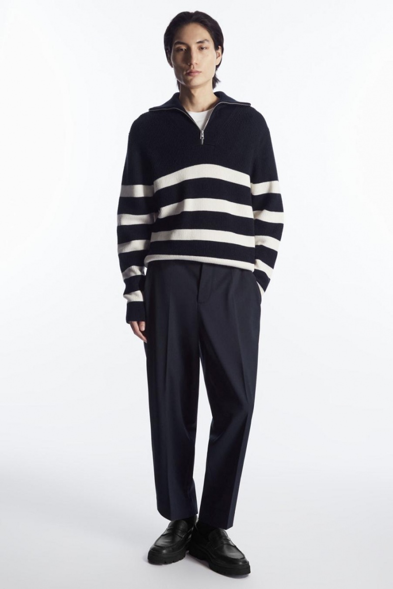 COS Gyapjú And Pamut-blend Half-zip Jumpers Férfi Sötétkék | UZB-652870