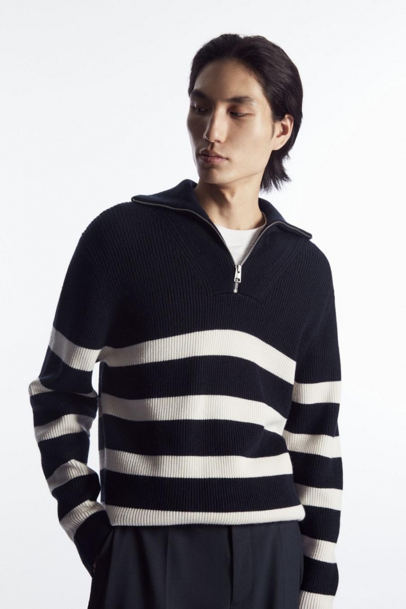 COS Gyapjú And Pamut-blend Half-zip Jumpers Férfi Sötétkék | UZB-652870