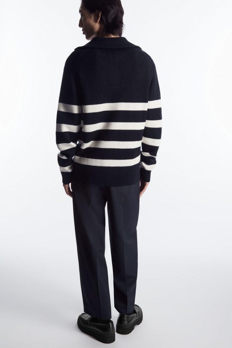 COS Gyapjú And Pamut-blend Half-zip Jumpers Férfi Sötétkék | UZB-652870