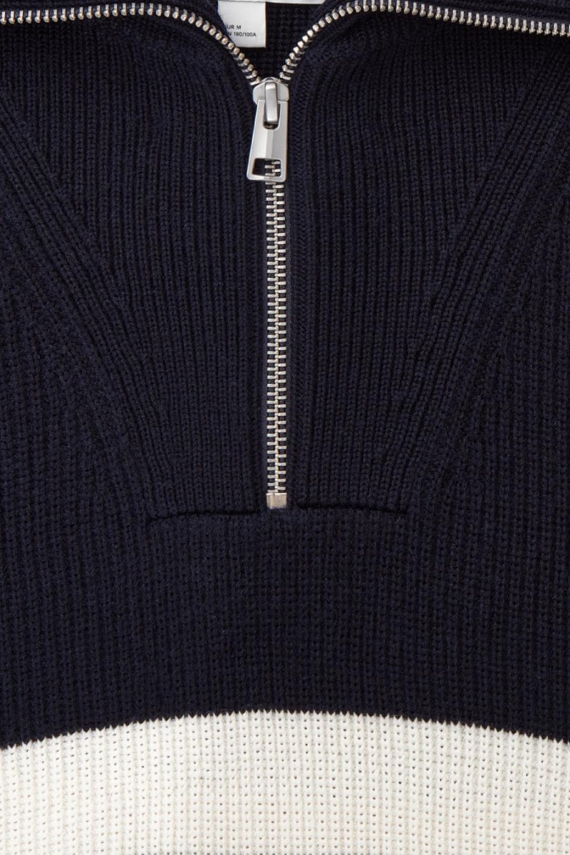 COS Gyapjú And Pamut-blend Half-zip Jumpers Férfi Sötétkék | UZB-652870