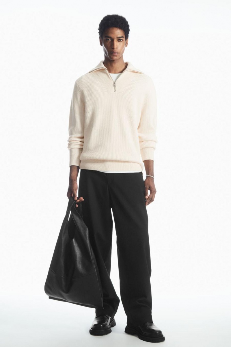 COS Gyapjú And Pamut-blend Half-zip Jumpers Férfi Krém | OAB-283471