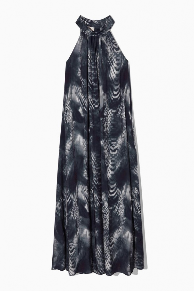 COS Halterneck Maxi Ruha Női Sötétkék Fehér Kígyóbőr | SVW-538901