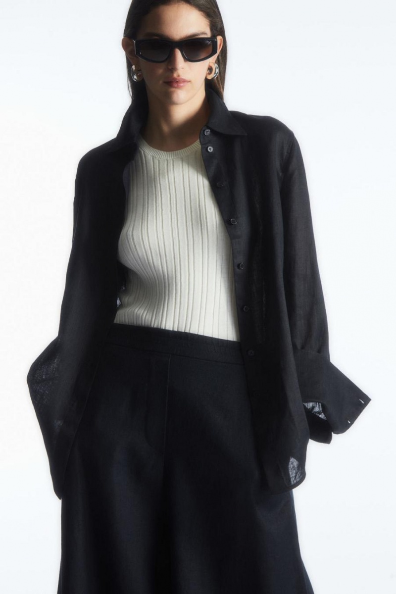 COS High-waisted Linen Nadrág Női Sötétkék | GNZ-527160