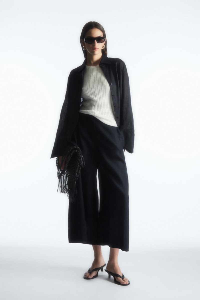COS High-waisted Linen Nadrág Női Sötétkék | GNZ-527160