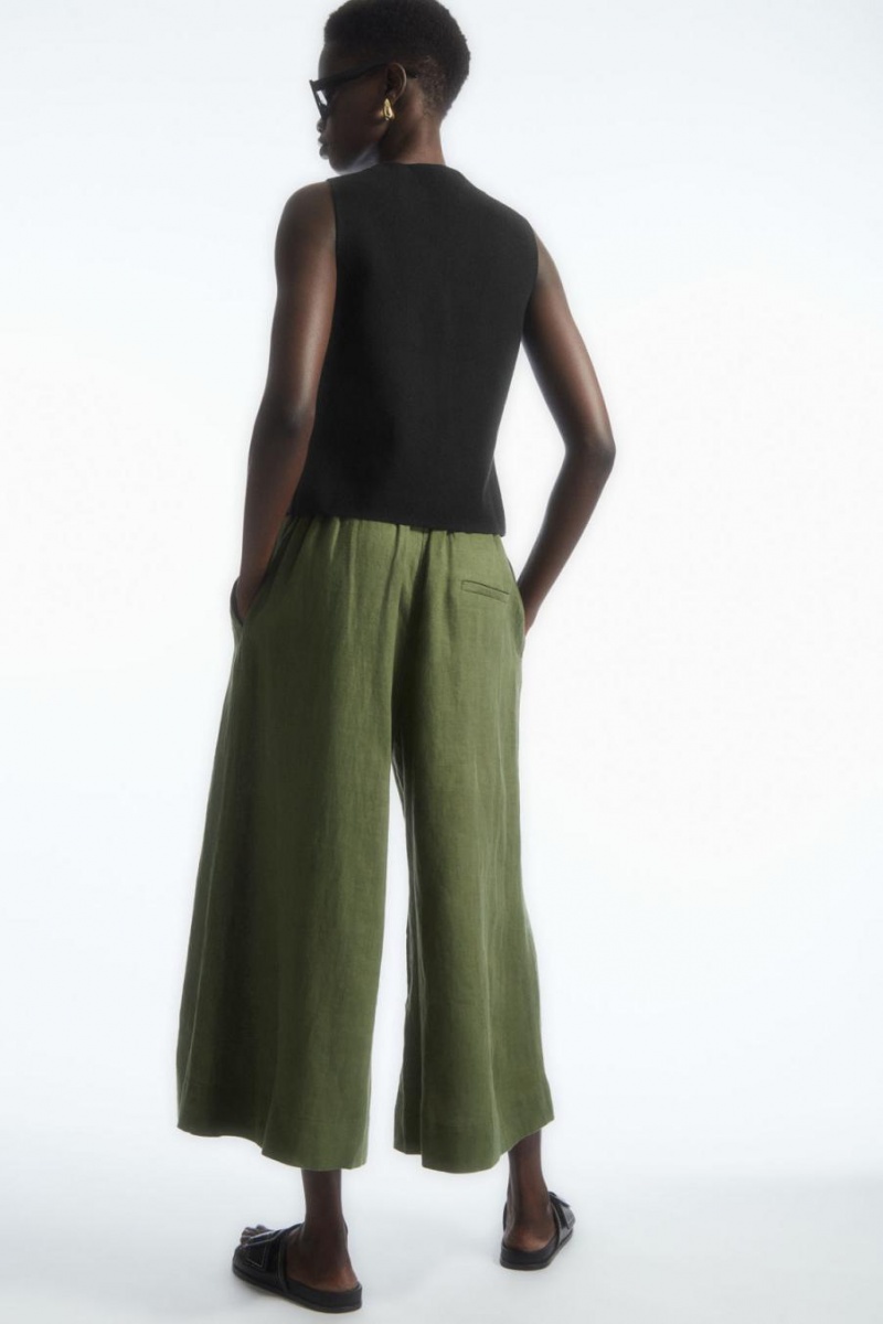 COS High-waisted Linen Nadrág Női Sötétzöld | CEN-904583