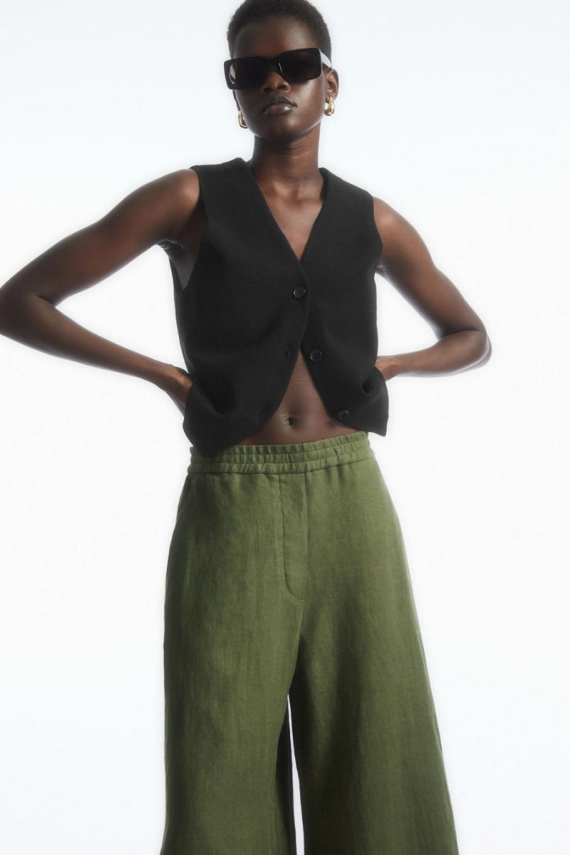COS High-waisted Linen Nadrág Női Sötétzöld | CEN-904583