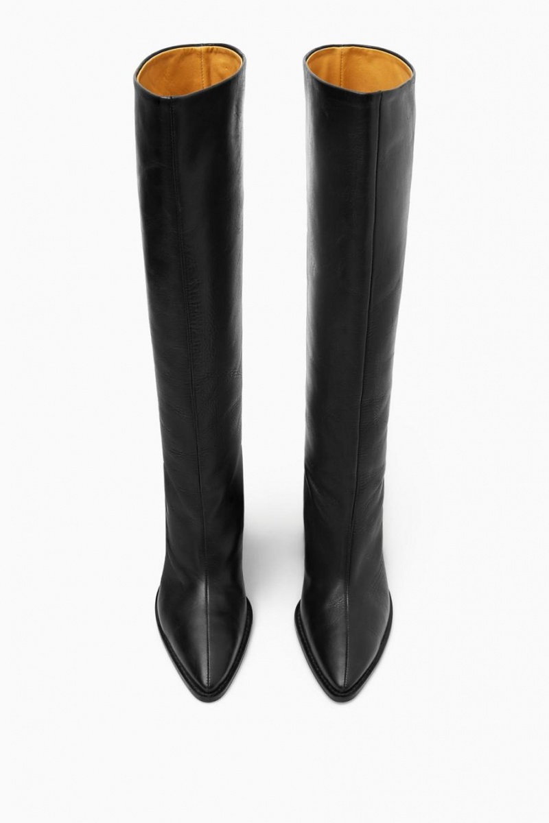 COS Knee-high Pointed Bőr Csizma Női Fekete | NKF-169507