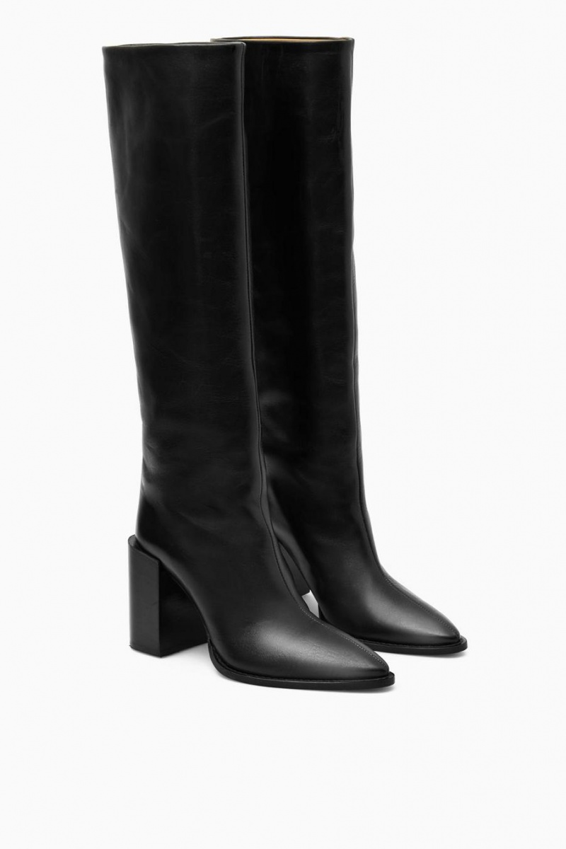 COS Knee-high Pointed Bőr Csizma Női Fekete | NKF-169507