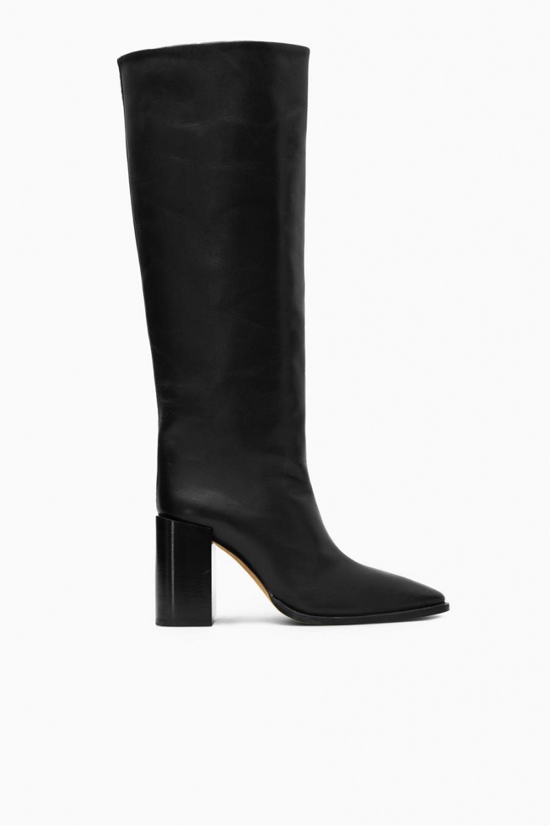 COS Knee-high Pointed Bőr Csizma Női Fekete | NKF-169507