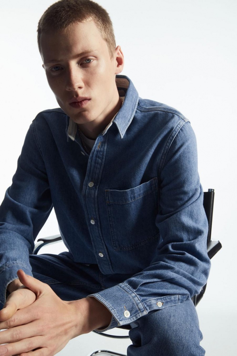 COS Linen-blend Denim Ing Férfi Kék | CIV-018793