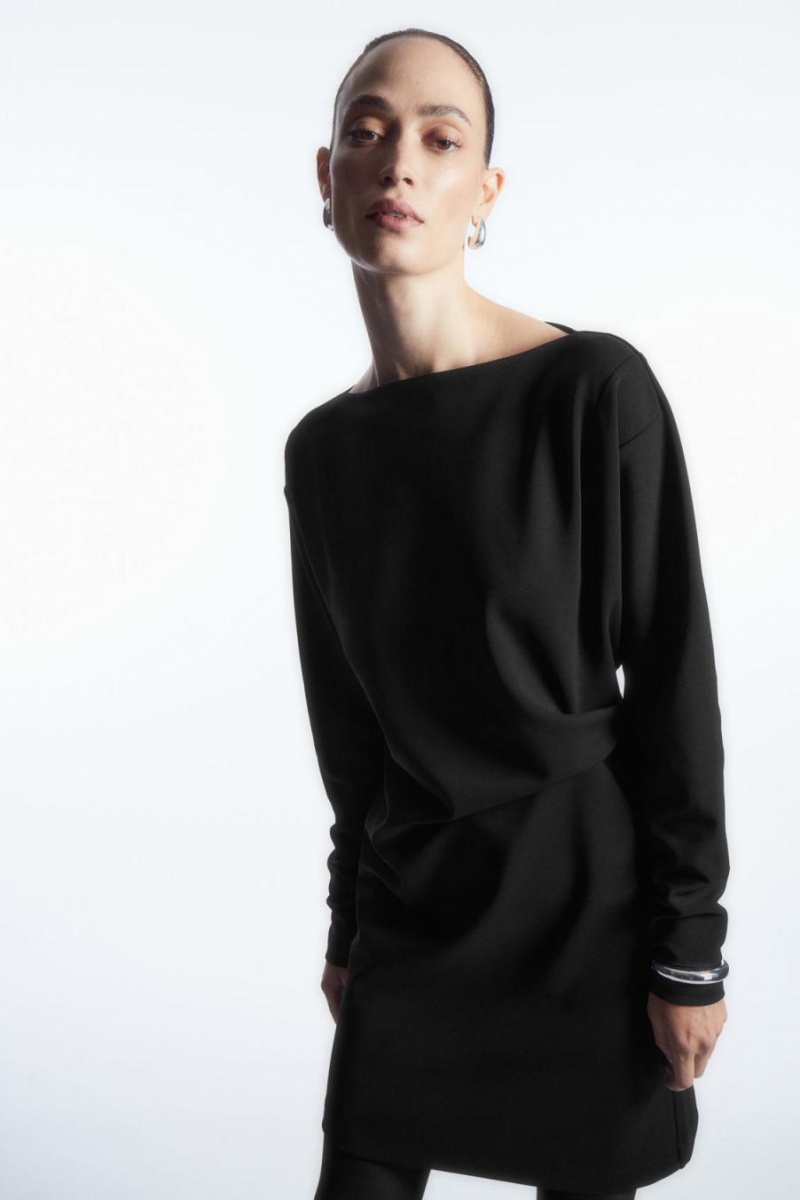 COS Long-sleeved Asymmetric Mini Ruha Női Fekete | PDY-924658