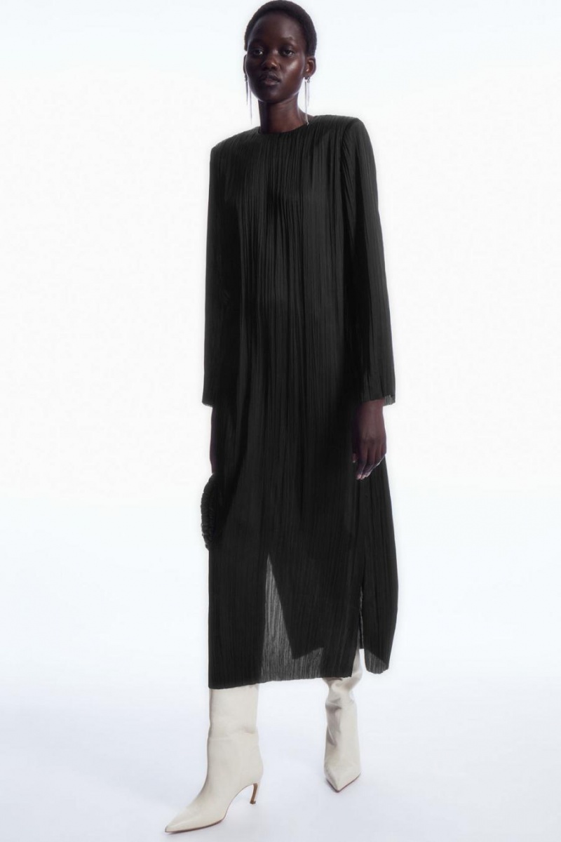 COS Long-sleeved Plissé Midi Ruha Női Fekete | MZI-932476