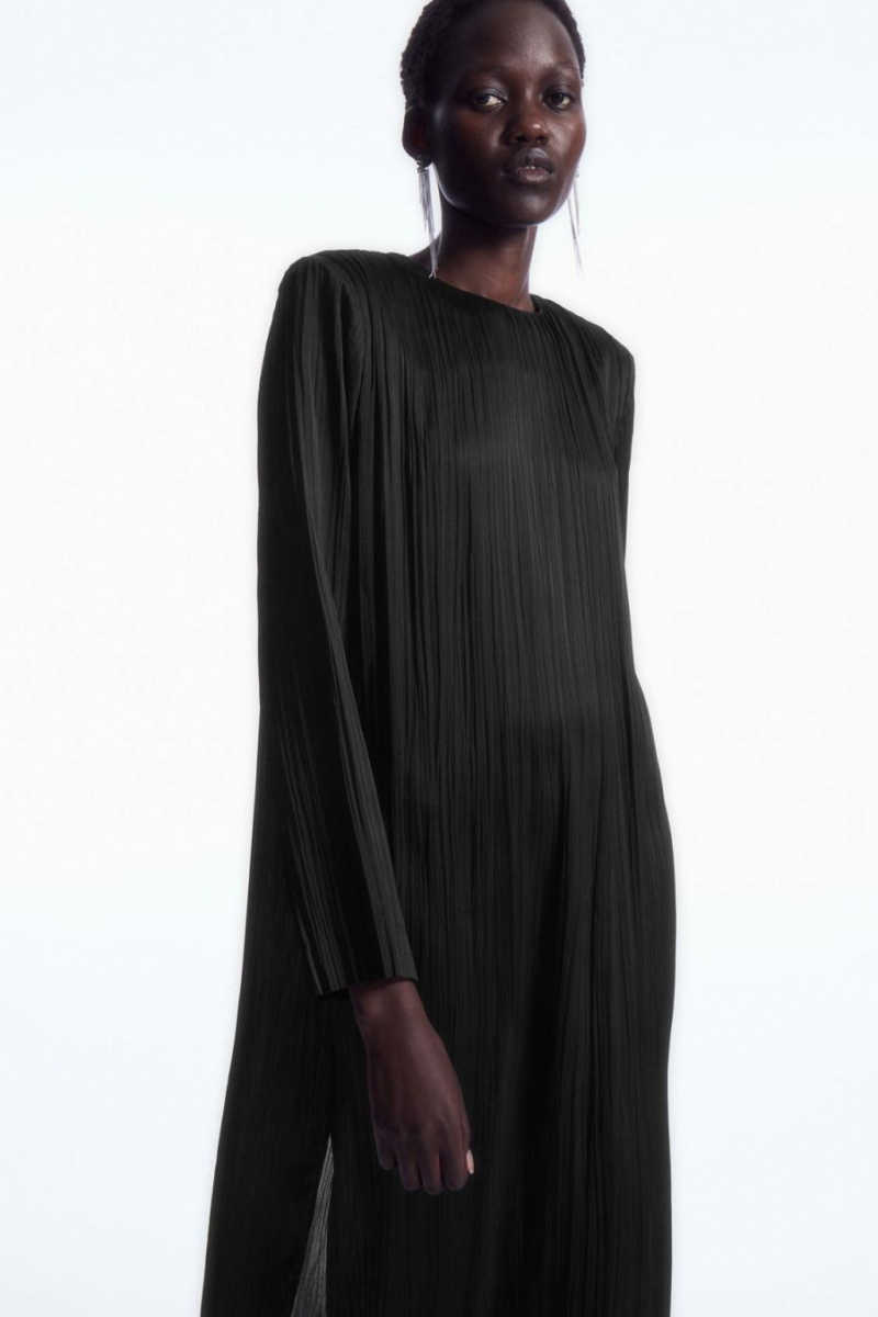COS Long-sleeved Plissé Midi Ruha Női Fekete | MZI-932476