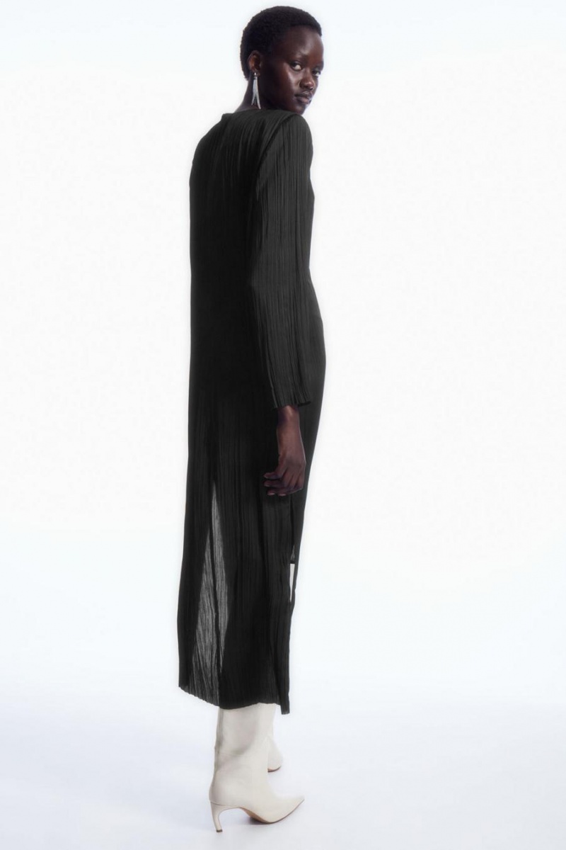 COS Long-sleeved Plissé Midi Ruha Női Fekete | MZI-932476