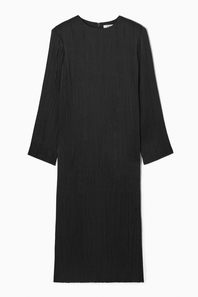 COS Long-sleeved Plissé Midi Ruha Női Fekete | MZI-932476