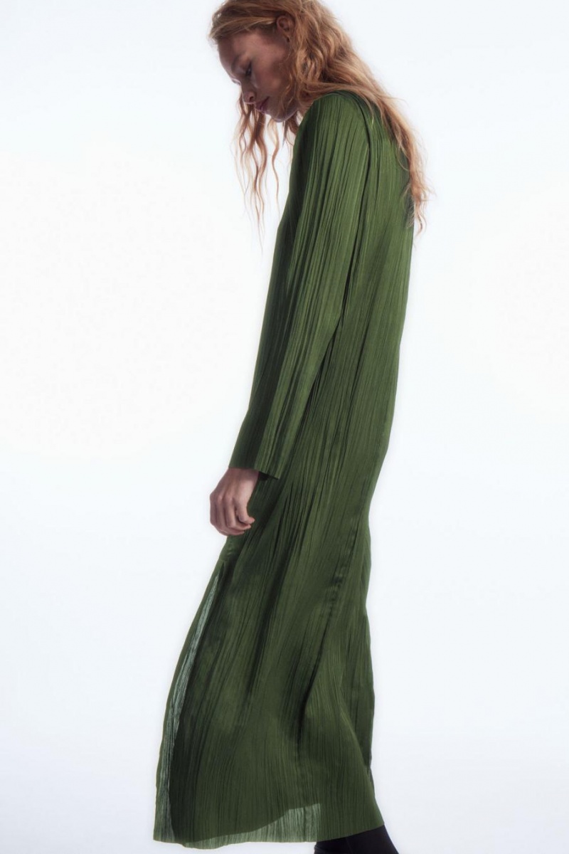 COS Long-sleeved Plissé Midi Ruha Női Sötétzöld | GDM-758061