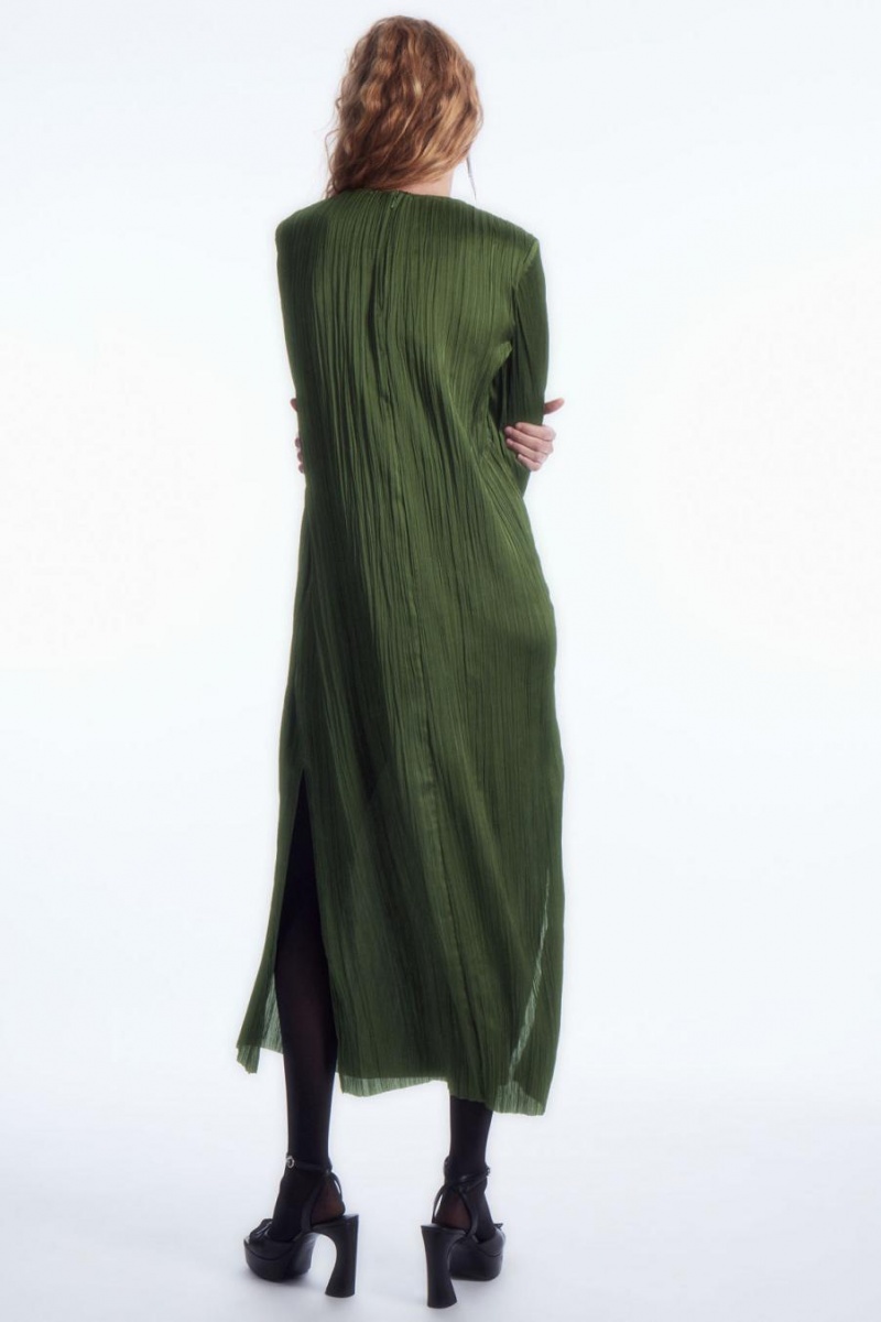 COS Long-sleeved Plissé Midi Ruha Női Sötétzöld | GDM-758061