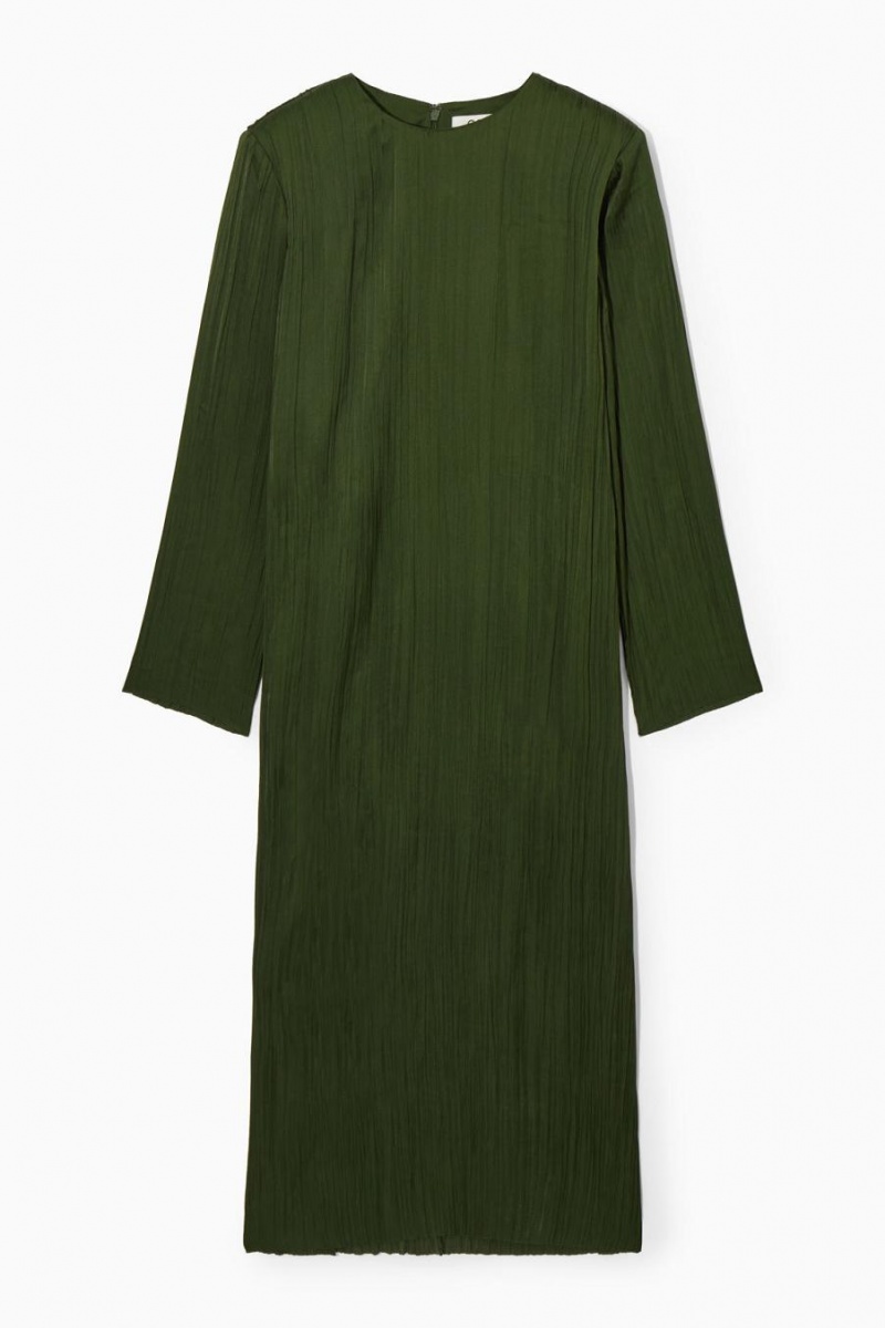 COS Long-sleeved Plissé Midi Ruha Női Sötétzöld | GDM-758061