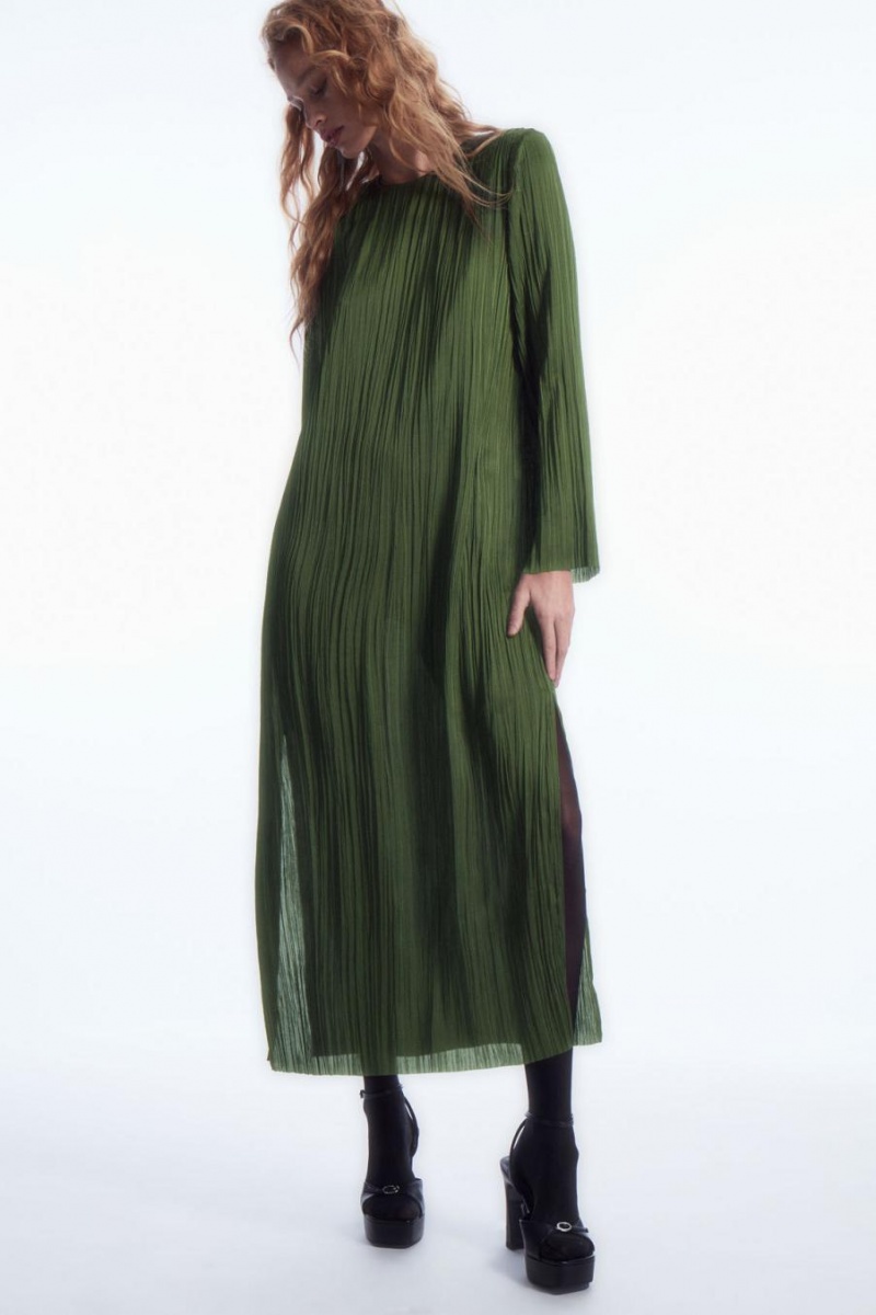 COS Long-sleeved Plissé Midi Ruha Női Sötétzöld | GDM-758061