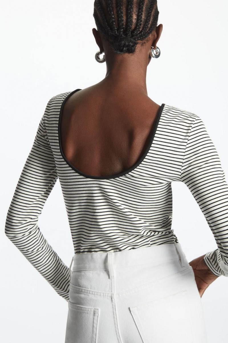 COS Long-sleeved Scoop-neck Felső Női Fekete Fehér | NDQ-901738