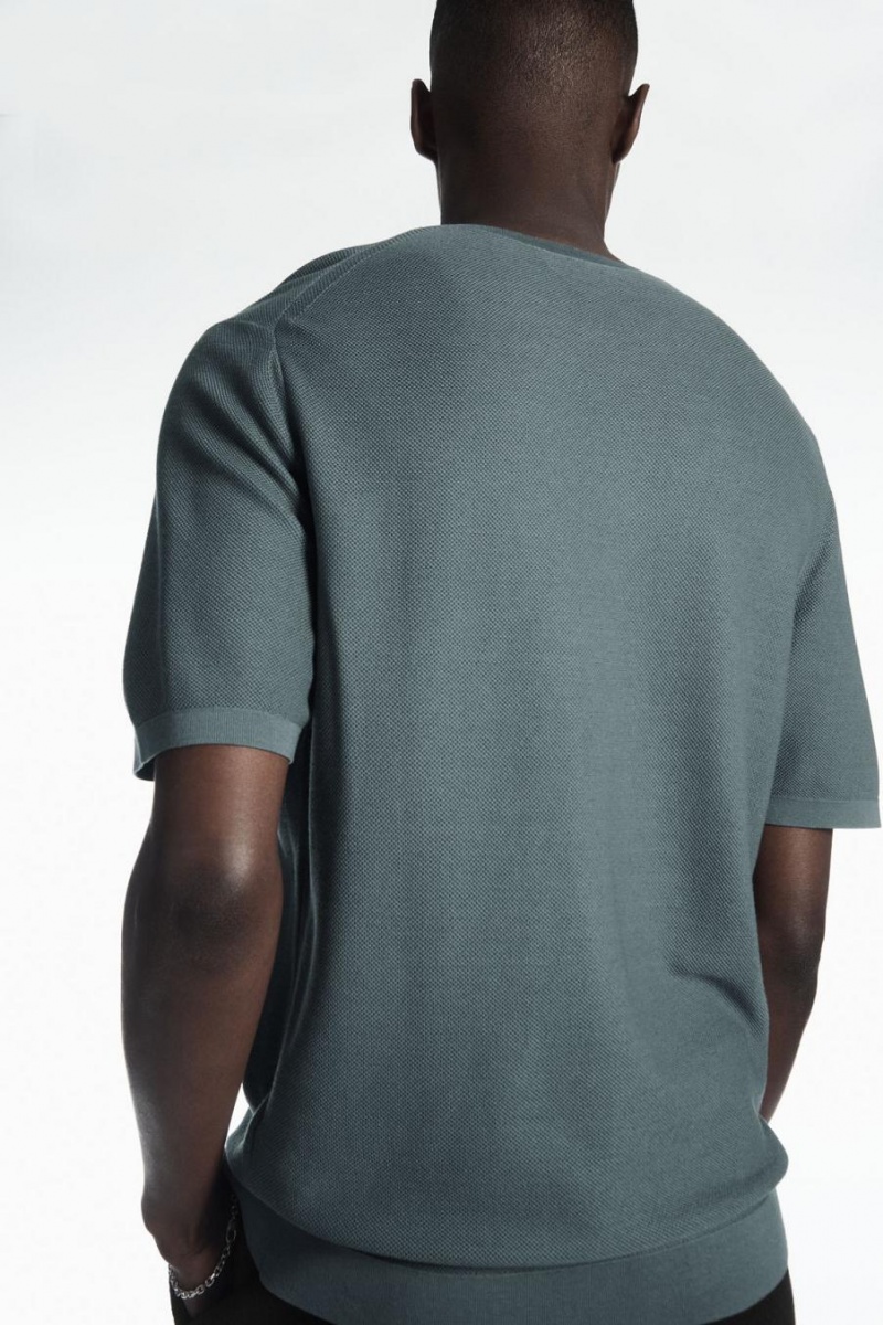 COS Mulberry Silk Piqué-knit Póló Férfi Kék | AWC-637492