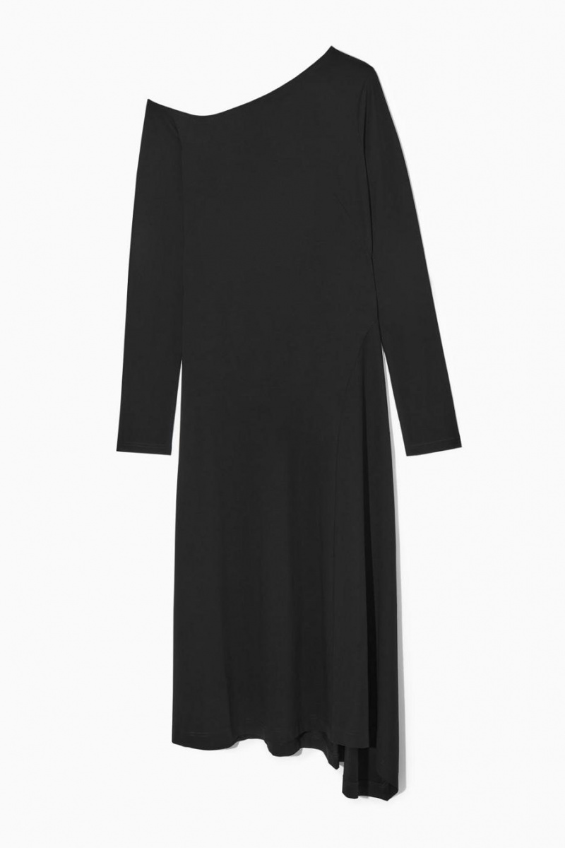 COS Off-the-shoulder Asymmetric Midi Ruha Női Fekete | VKE-214835