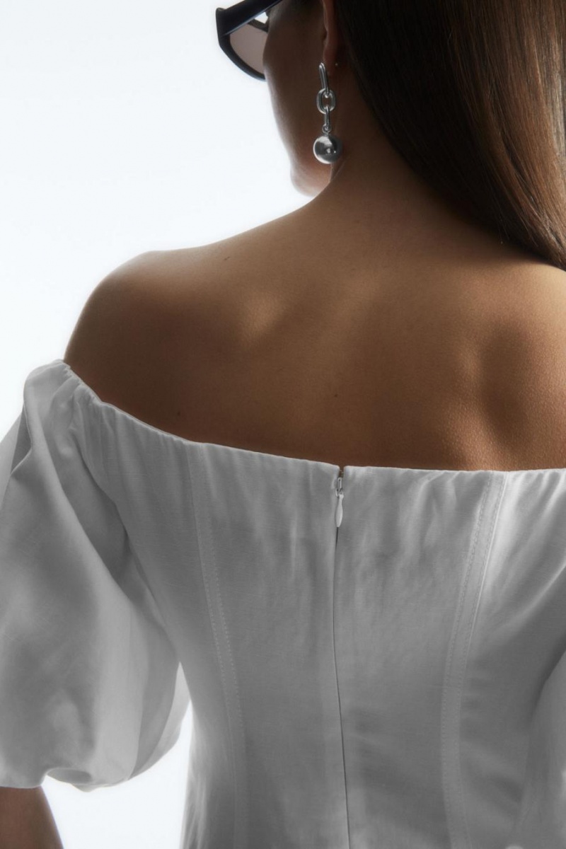 COS Off-the-shoulder Puff-sleeve Midi Ruha Női Fehér | TEG-987524