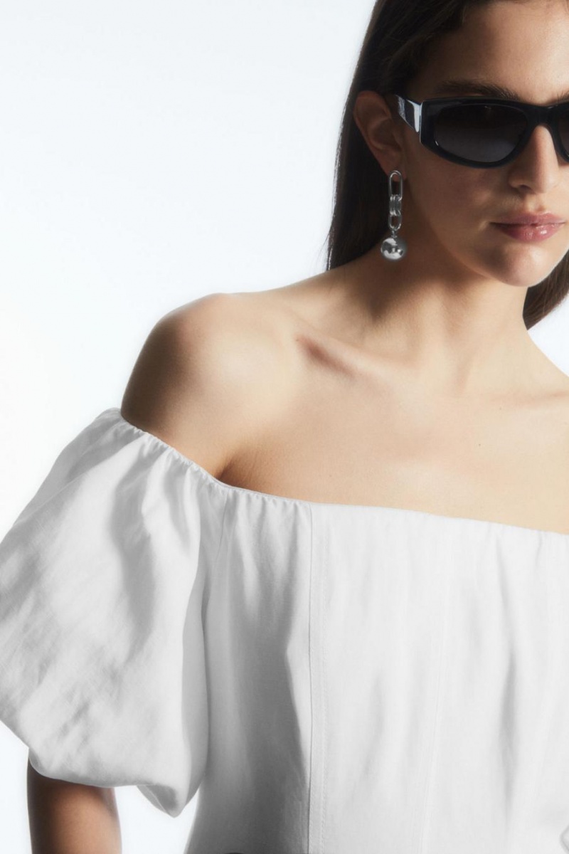COS Off-the-shoulder Puff-sleeve Midi Ruha Női Fehér | TEG-987524