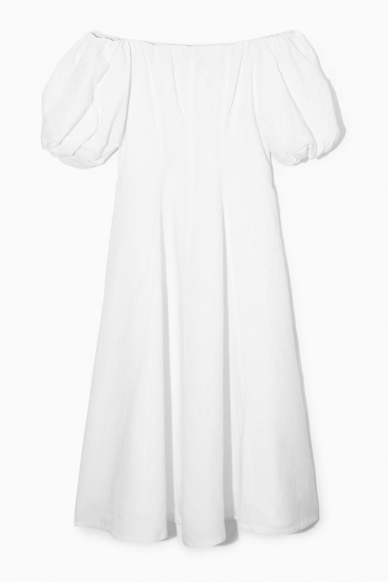 COS Off-the-shoulder Puff-sleeve Midi Ruha Női Fehér | TEG-987524