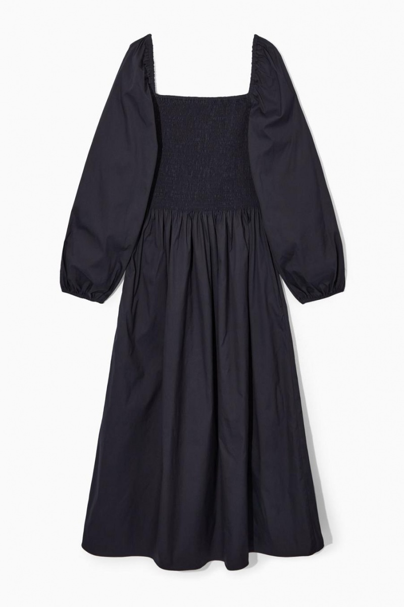 COS Off-the-shoulder Smocked Midi Ruha Női Sötétkék | ARB-206945