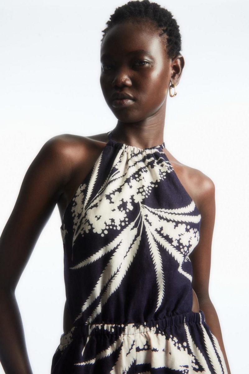 COS Open-back Floral-print Linen Jumpsuit Női Sötétkék | ONR-091745