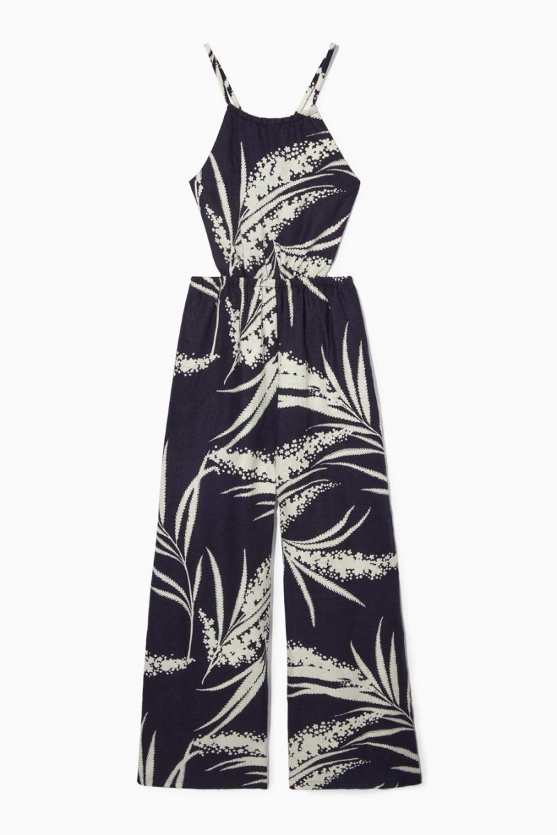 COS Open-back Floral-print Linen Jumpsuit Női Sötétkék | ONR-091745