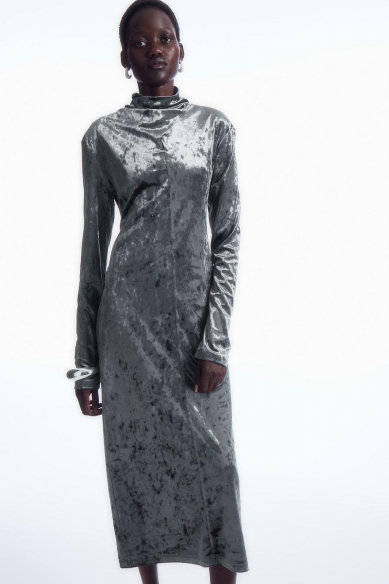 COS Open-back Velvet Midi Ruha Női Sötétszürke | VFW-349208