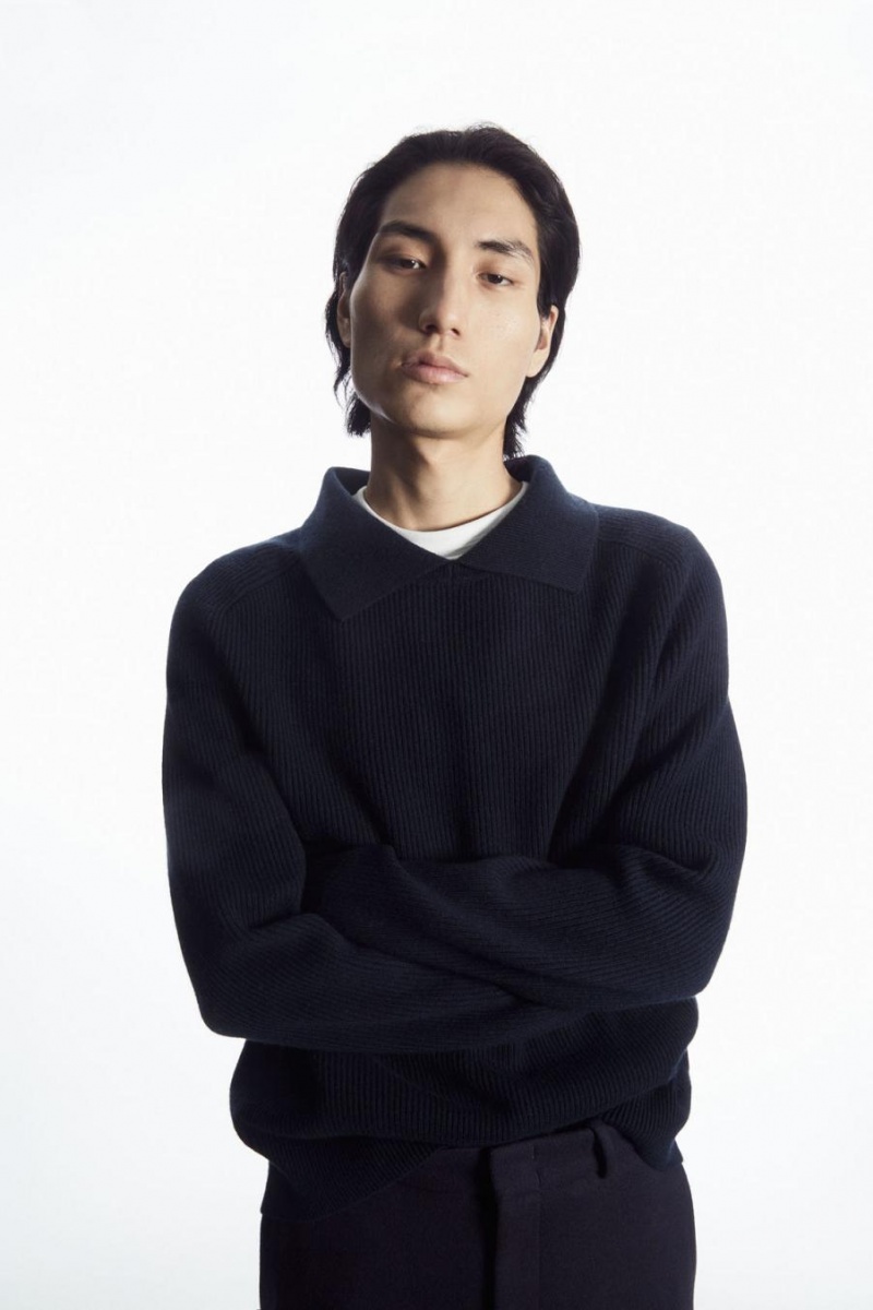 COS Open-collar Gyapjú And Cashmere Pólóing Férfi Sötétkék | EGY-568321