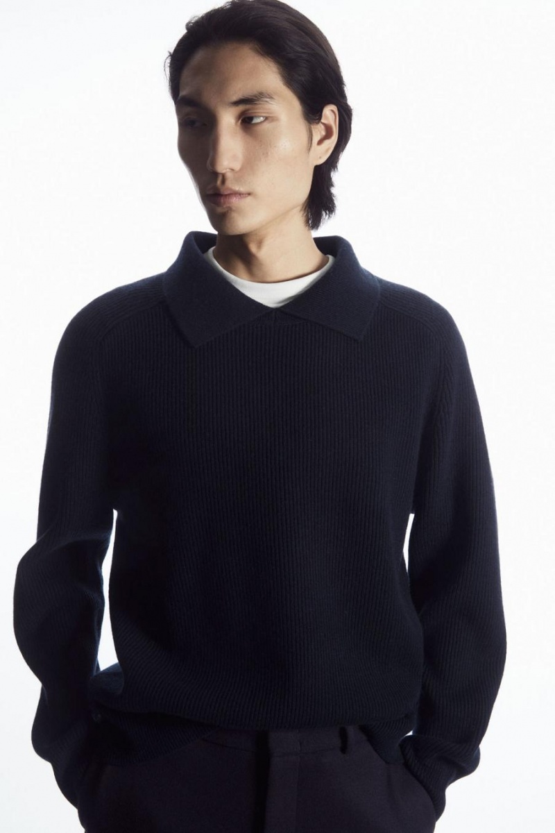 COS Open-collar Gyapjú And Cashmere Pólóing Férfi Sötétkék | EGY-568321