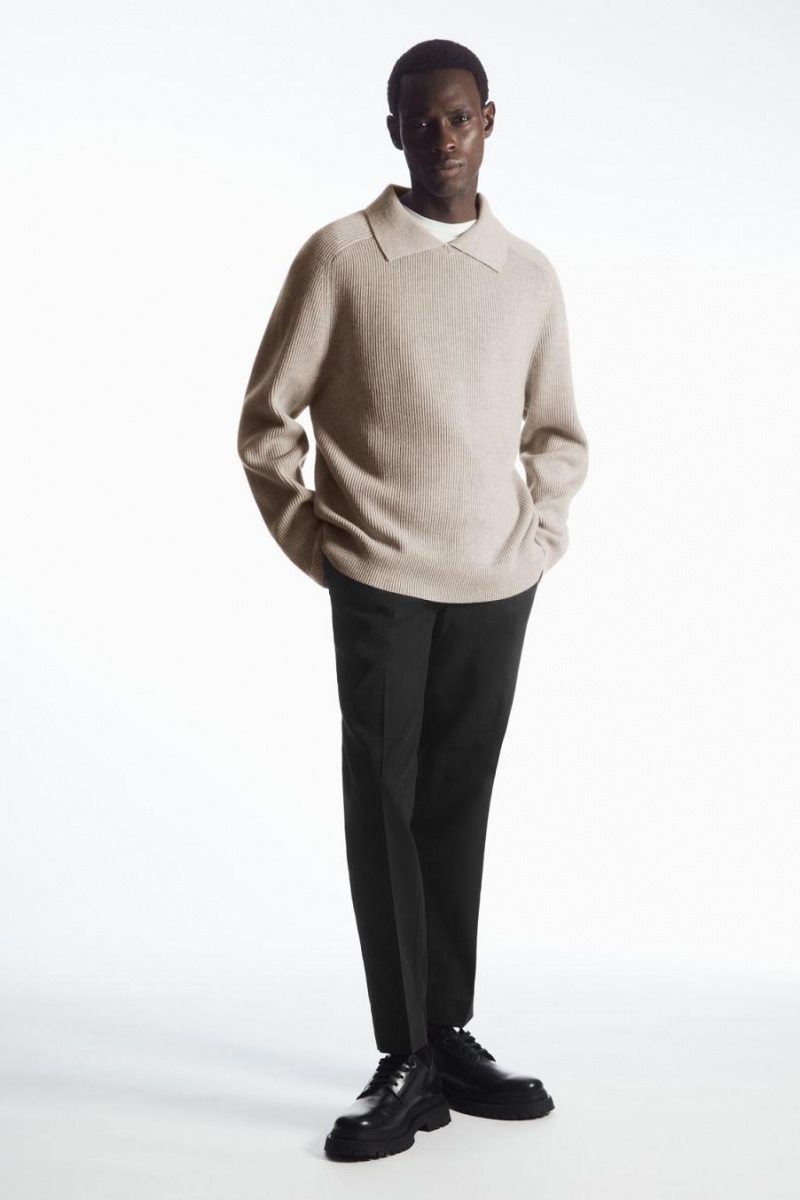 COS Open-collar Gyapjú And Cashmere Pólóing Férfi Világos Bézs | QVB-941875