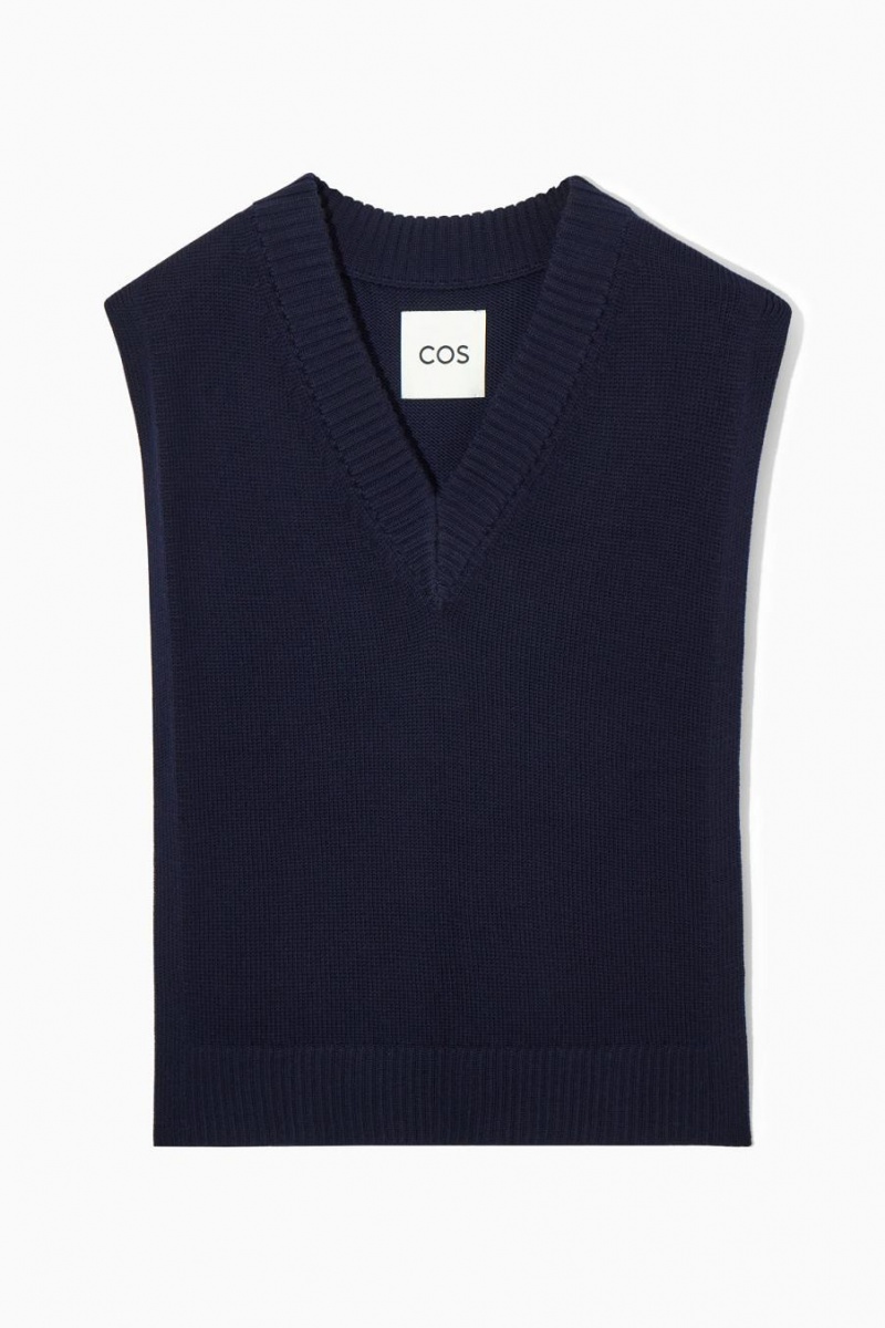 COS Open-side V-neck Gyapjú Mellény Női Sötétkék | CNM-250394