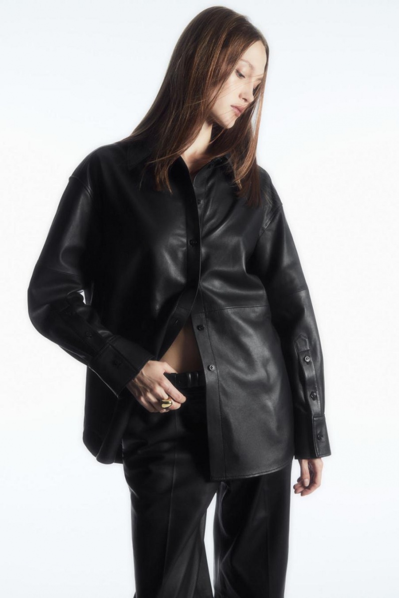 COS Oversized Bőr Ing Női Fekete | CHP-371465